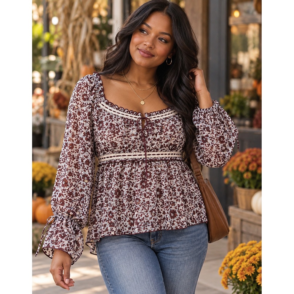 NEW American Eagle Chiffon Ruched Blouse Babydoll Floral Lace Trim XL Peasant